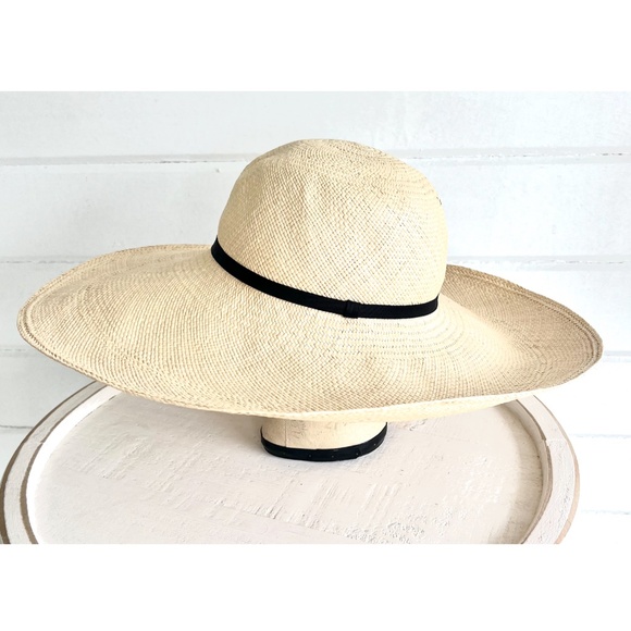 CUYANA Oversized Wide Brimmed Straw Hat in Natural with Black Band - 59